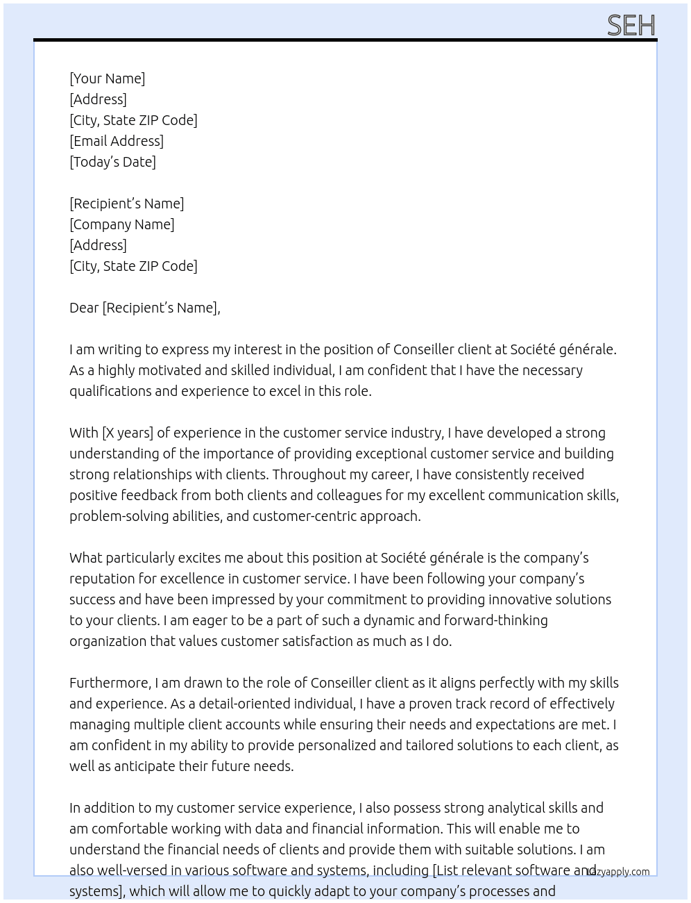 Conseiller client  At Société générale Cover Letter