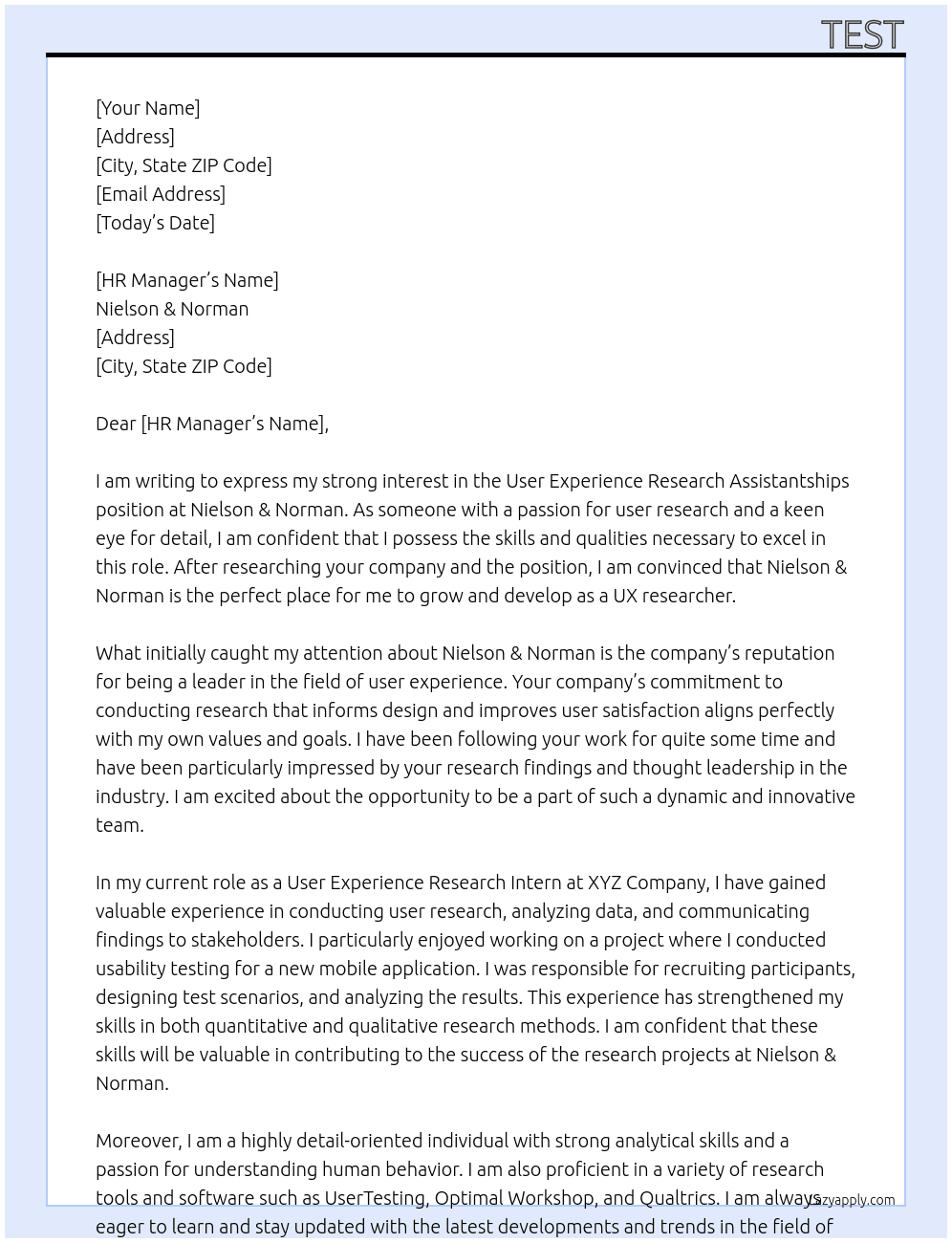 User Experience Research Assistantships At Nielson & Norman Cover Letter