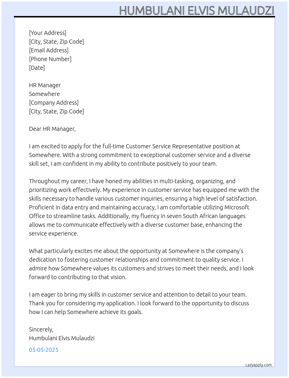Customer Service Representative At Somewhere Cover Letter