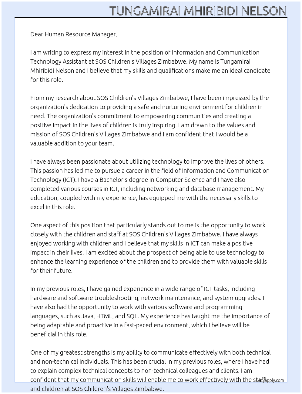 Information and Communication Technology Assistant At SOS Children's Villages Zimbabwe Cover Letter