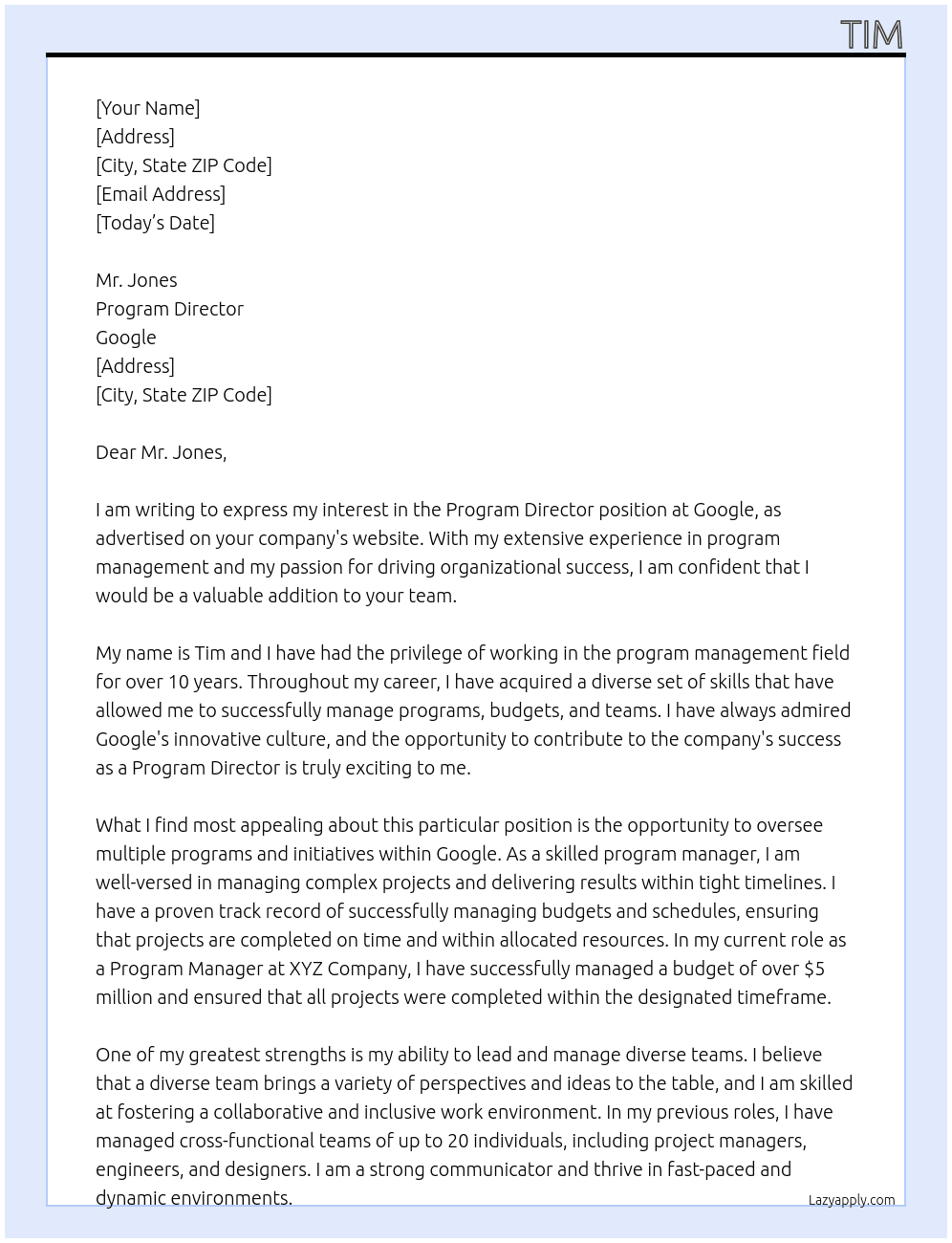 Program Director At Google Cover Letter