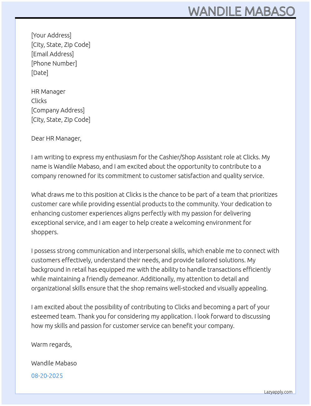 Retail At Clicks Cover Letter