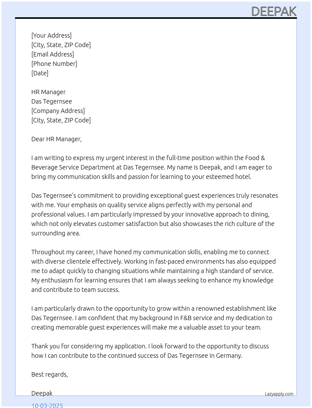 Hotel industry.f&b service department  At  Das tegernsee Cover Letter