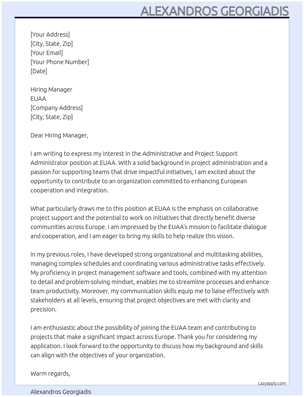 Administrative and Project Support Administrator At EUAA Cover Letter