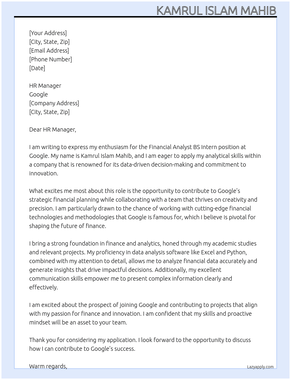 Cover letter for financial analyst bs intern - LazyApply