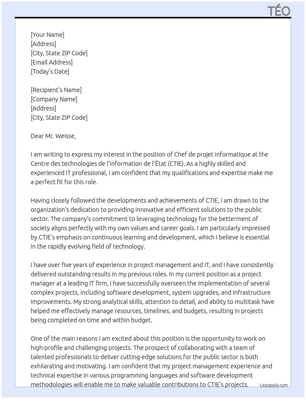 Cover letter for chef de projet informatique - LazyApply