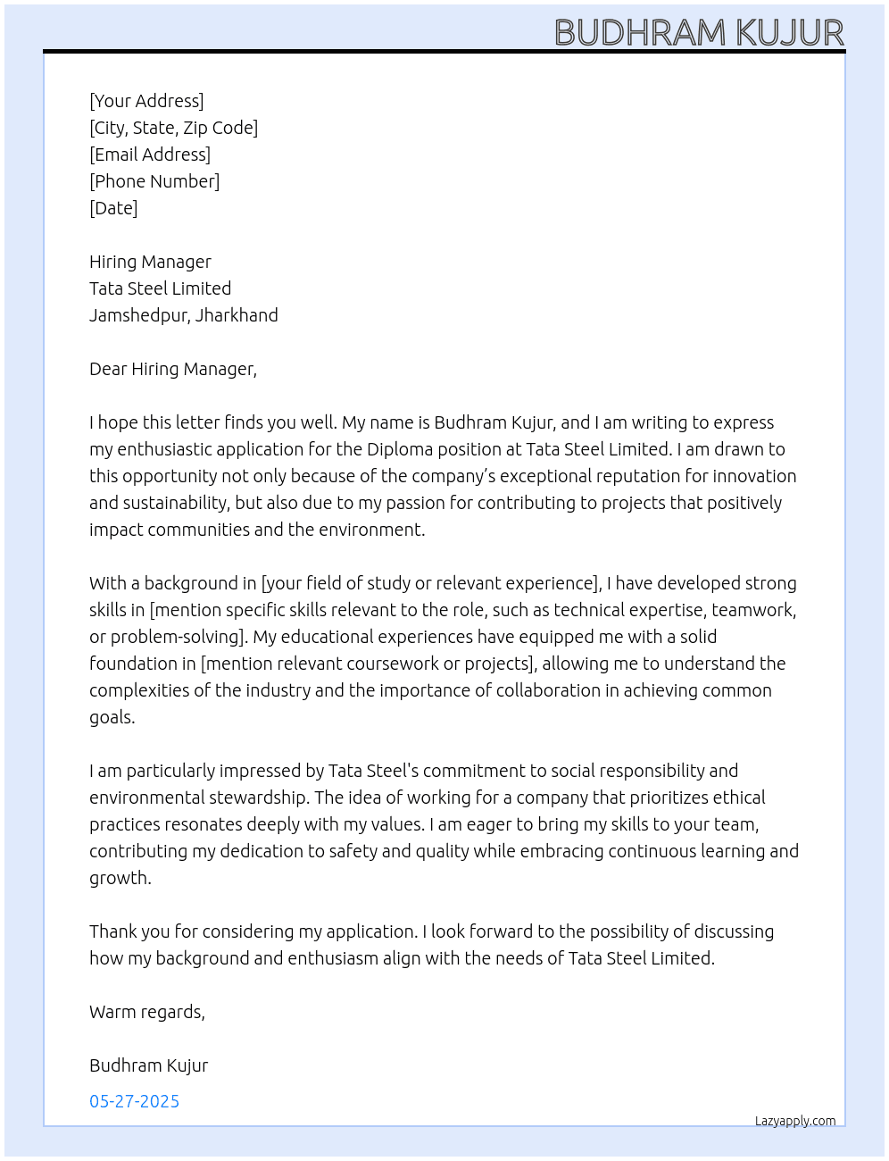 DIPLOMA At Tata Steel Limited Cover Letter