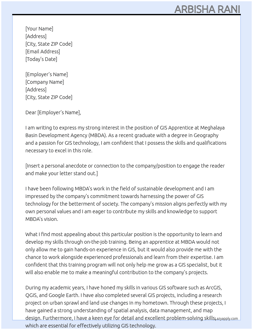 GIS At MEGHALAYA BASIN DEVELOPMENT AGENCY (MBDA) Cover Letter