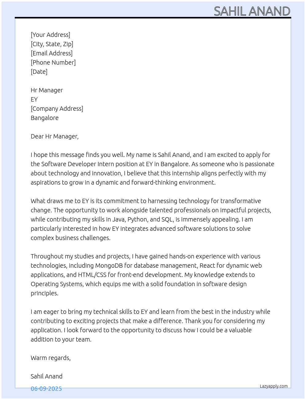 Cover letter for software developer intern - LazyApply