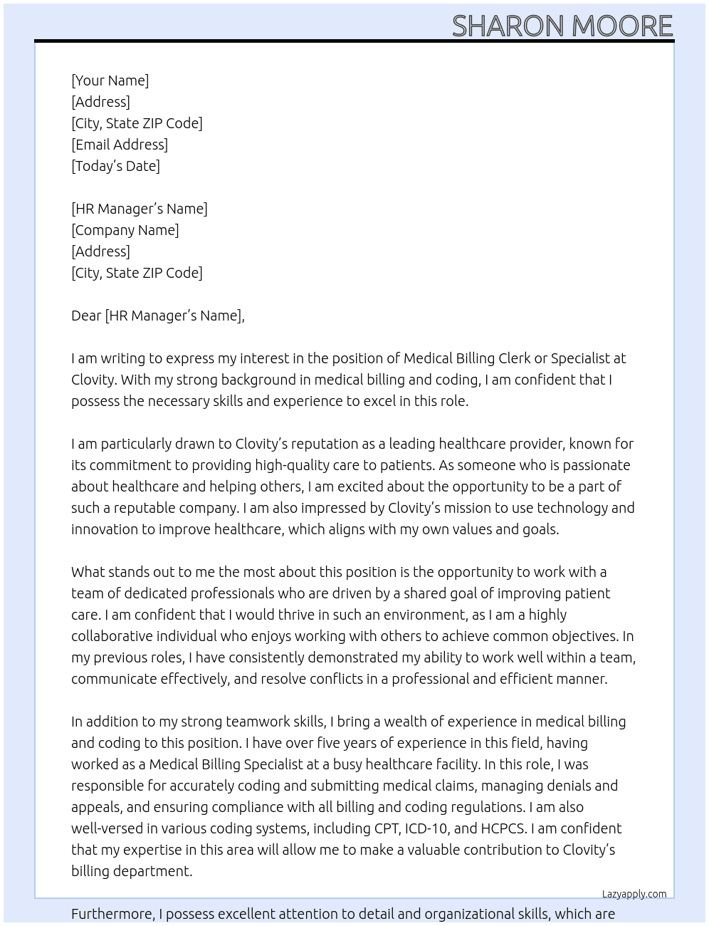 Medical Billing Clerk or Specialist  At Clovity  Cover Letter