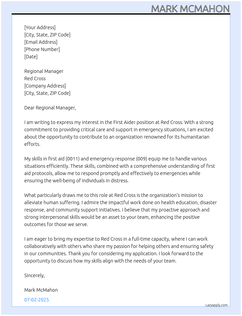 Cover letter for first aider - LazyApply
