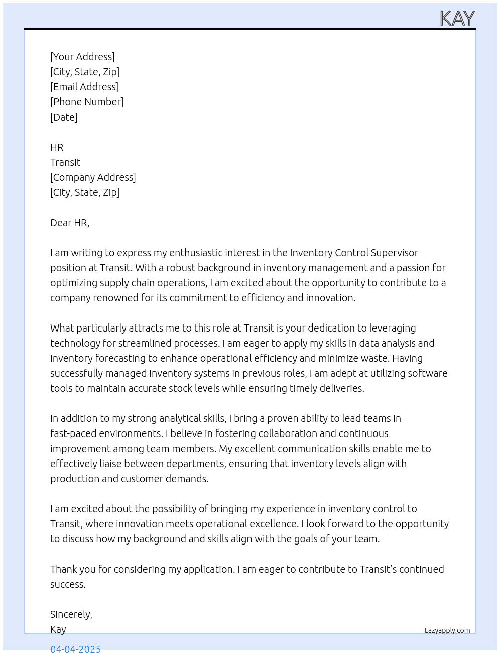 Inventory Control Supervisor At Transit Cover Letter