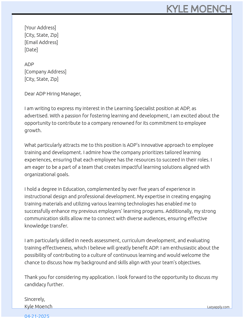 Cover letter for learning specialists - LazyApply