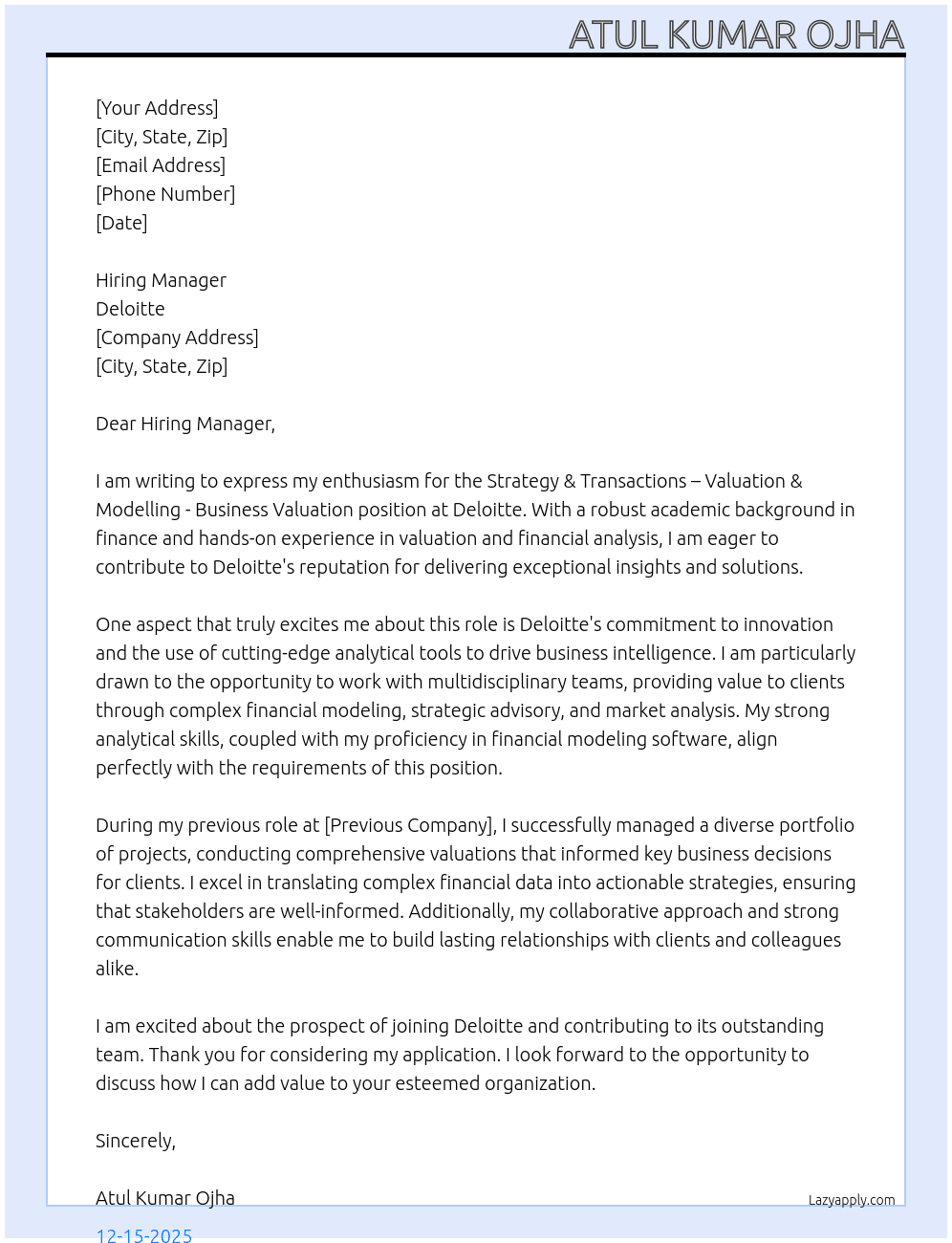 Cover letter for strategy & transactions – valuation & modelling - business valuation - LazyApply