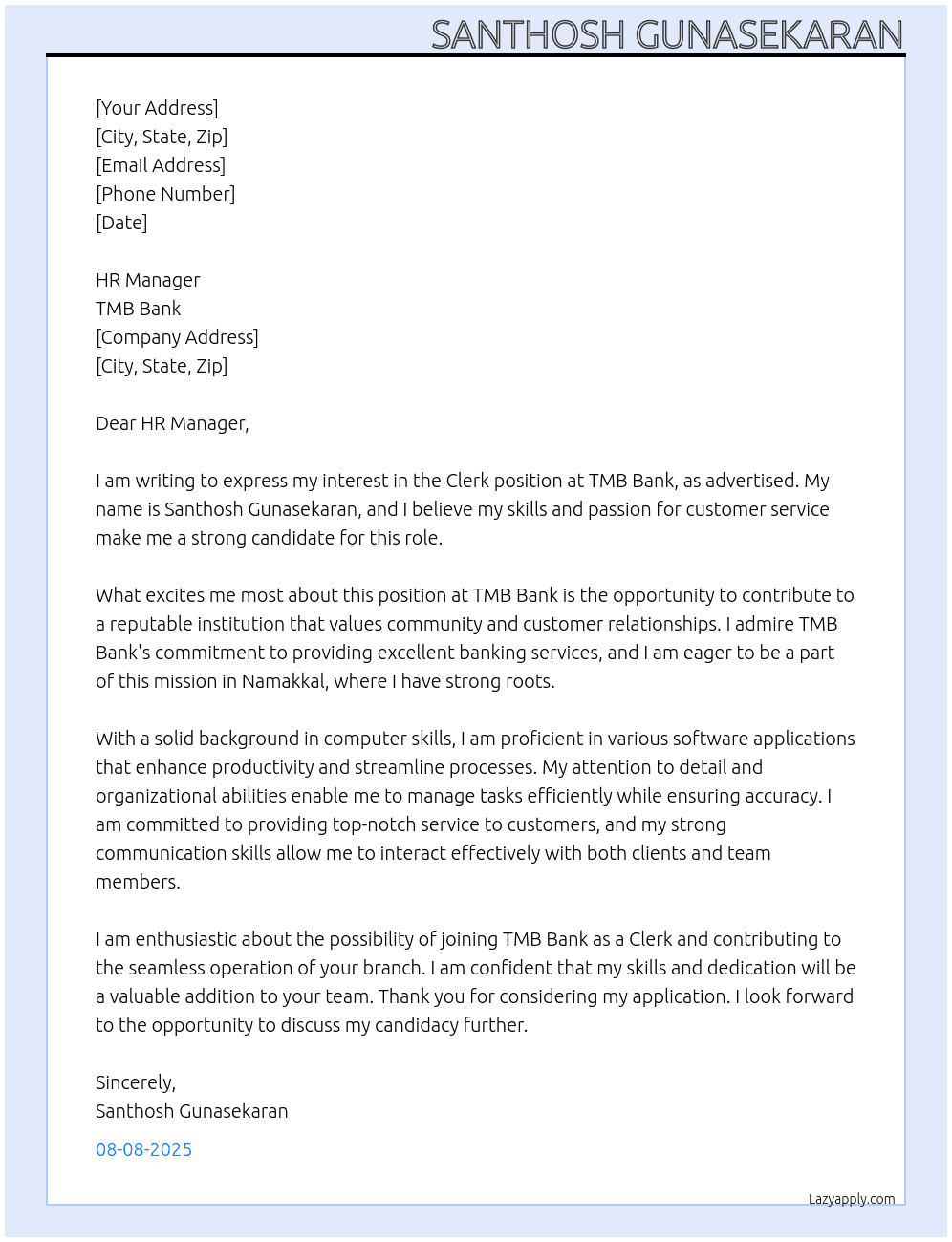 Clerk At TMB BANK Cover Letter