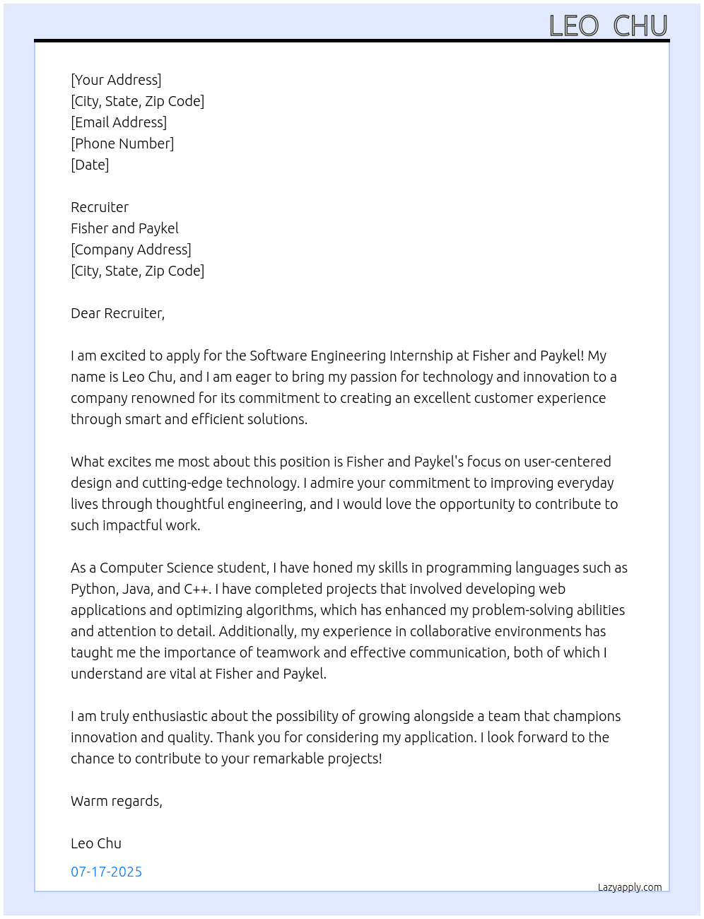 Software engineering internship At Fisher and Paykel Cover Letter