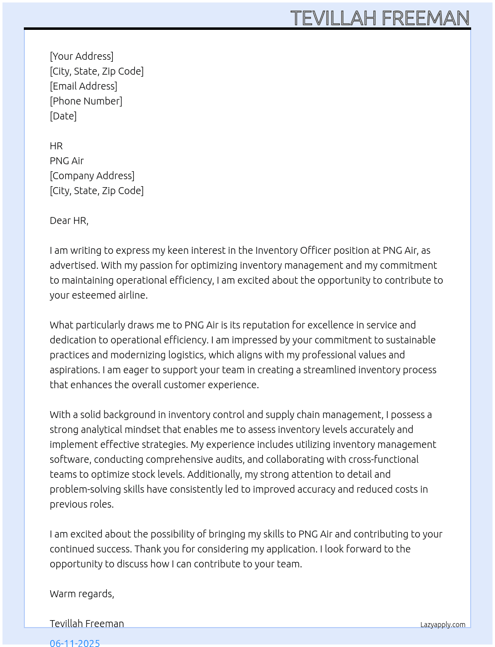 Inventory officer  At PNG Air Cover Letter