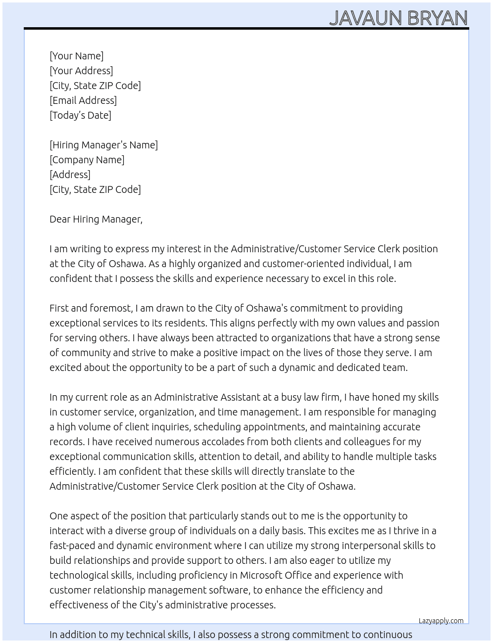 Administrative/Customer Service Clerk At City of Oshawa Cover Letter