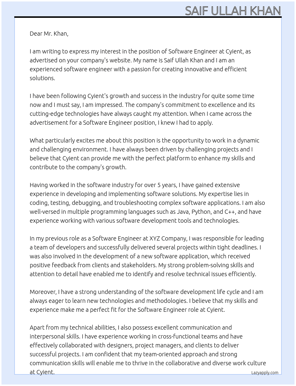 software engineer At cyient Cover Letter