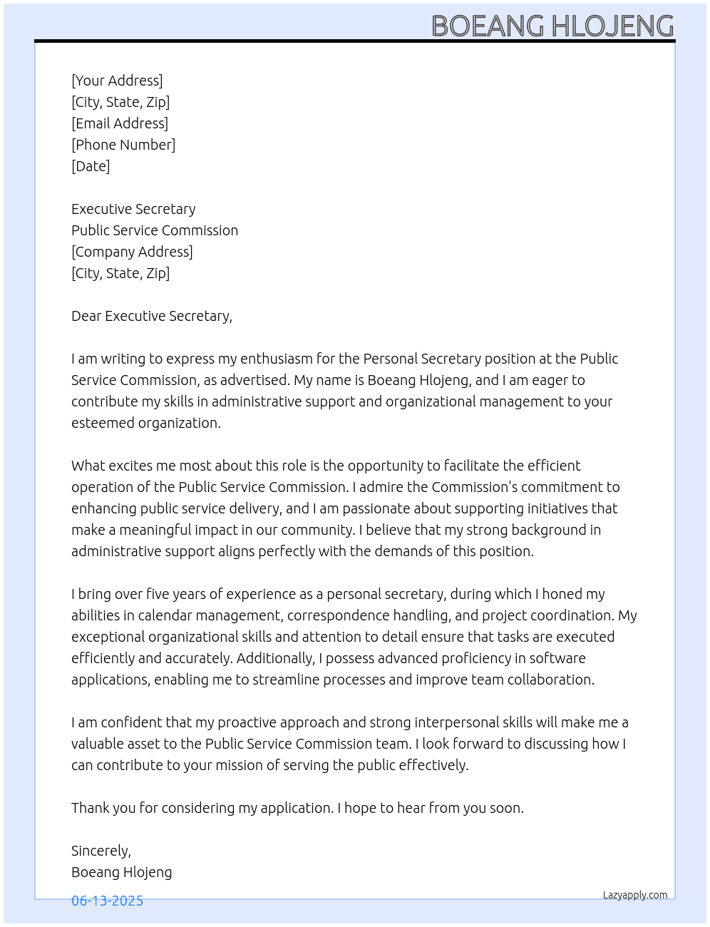 Personal Secretary  At Public Service Commission  Cover Letter