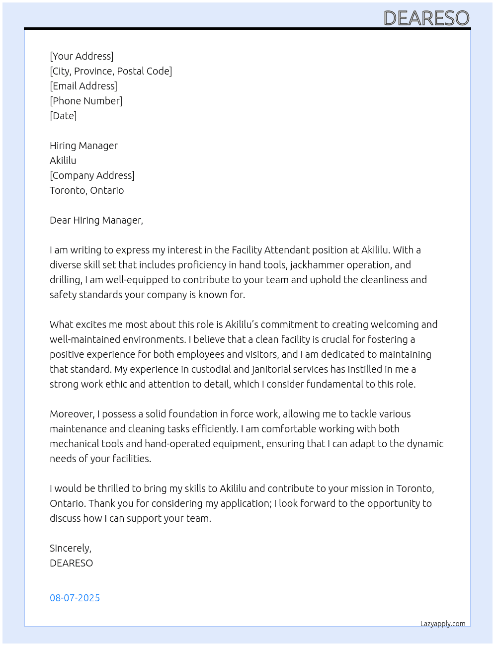 Cover letter for facility attendant, custodian, janitorial , cleaning - LazyApply