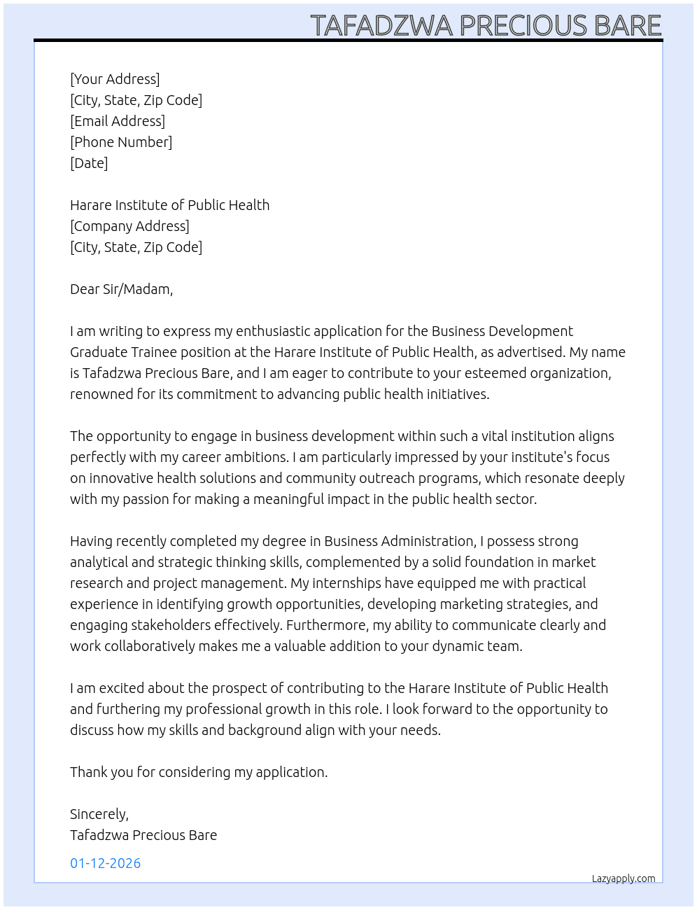Business development graduate trainee At Harare Institute of Public Health Cover Letter
