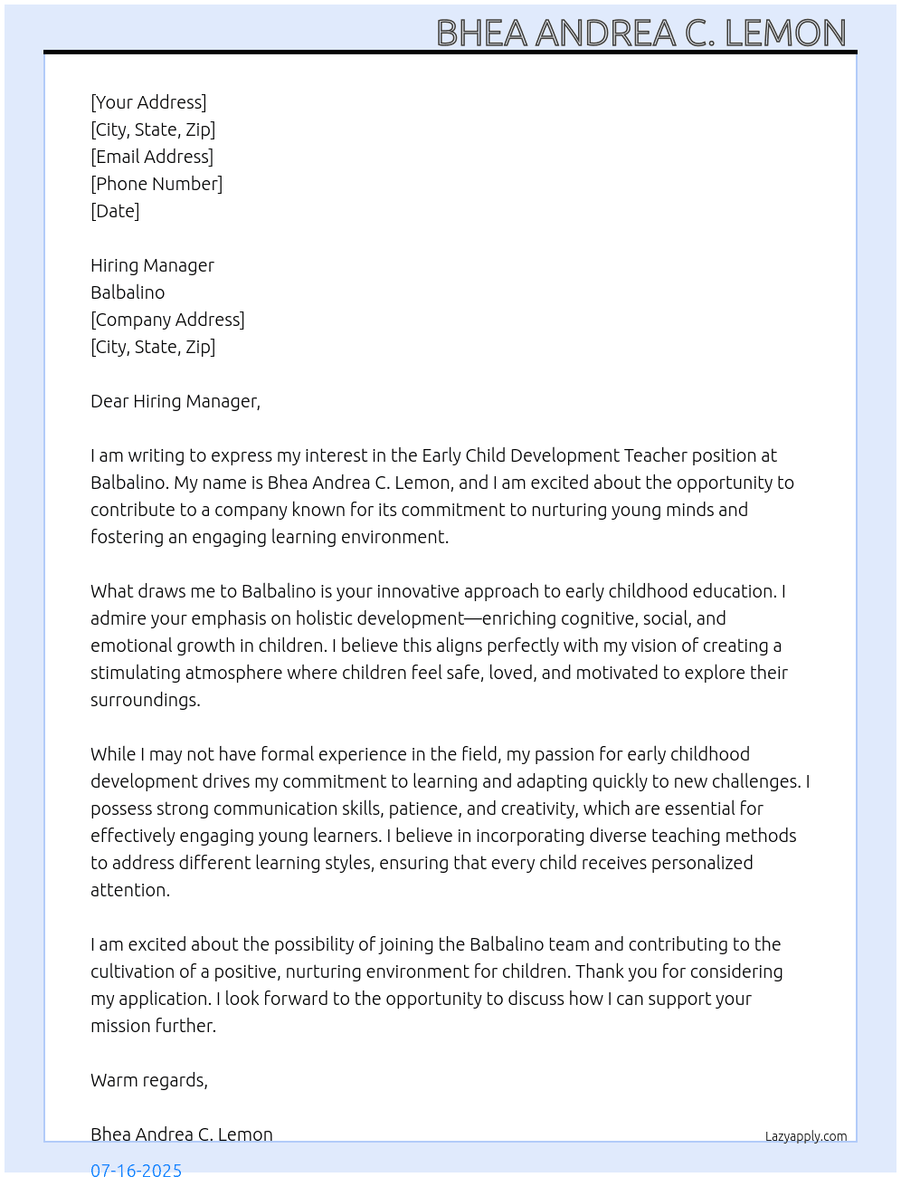 Cover letter for early child development teacher - LazyApply