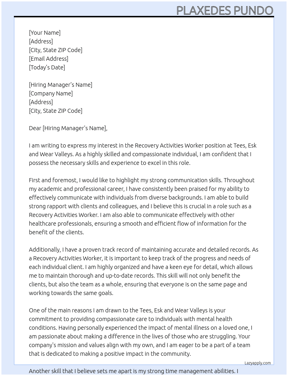 recovery activities worker At Tees, Esk and Wear Valleys  Cover Letter