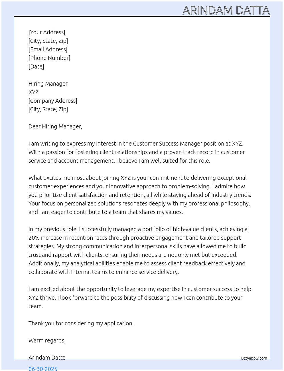 Customer Success Manager At XYZ Cover Letter