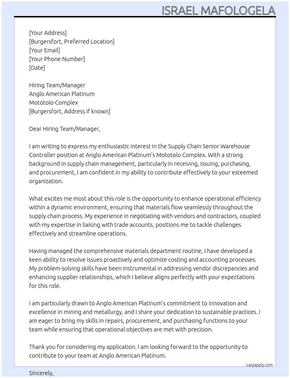 Cover letter for supply chain senior warehouse controller - LazyApply