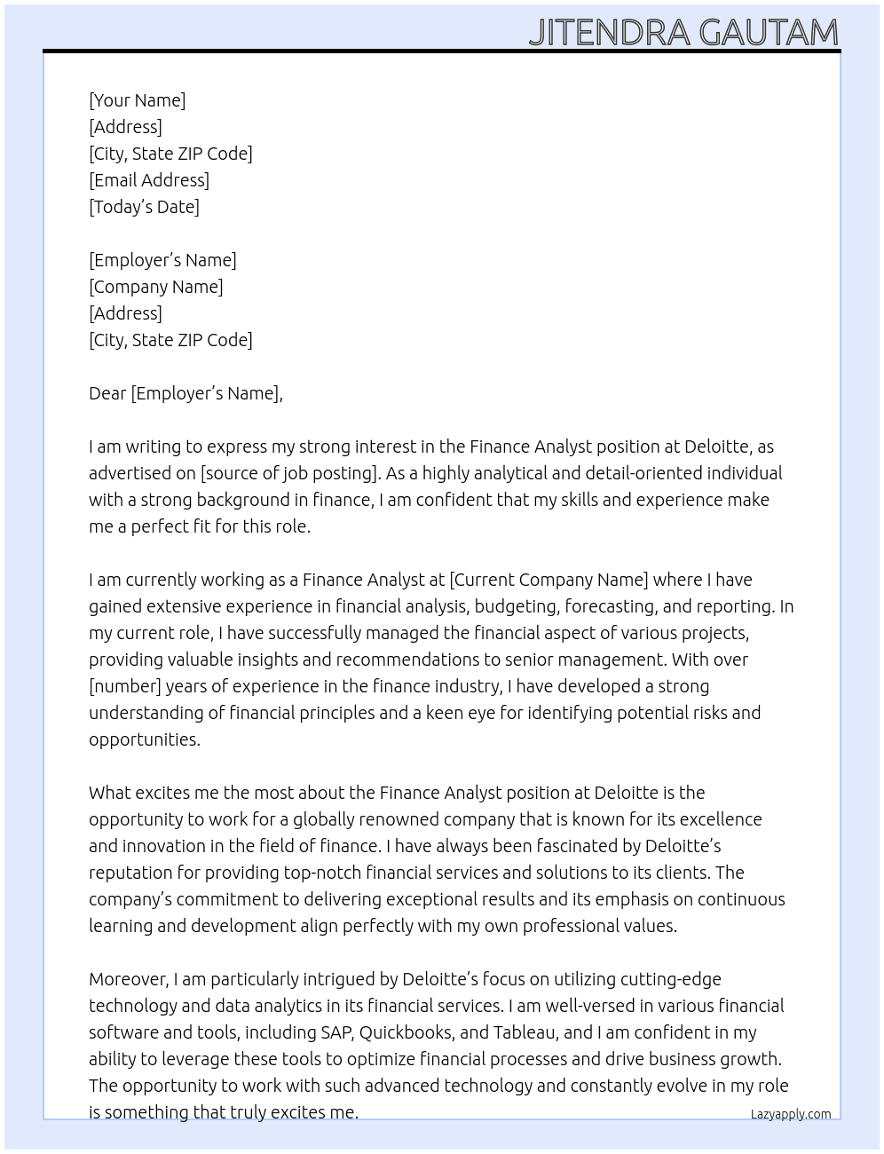 Finance Analyst At Deloitte Cover Letter