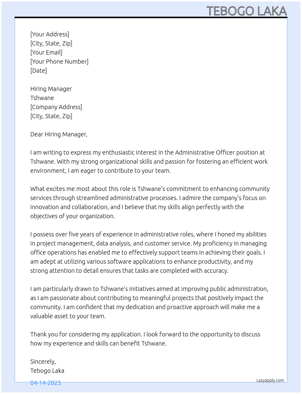 administrative officer  At tshwane  Cover Letter