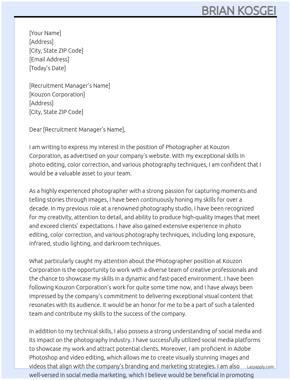Photographer At Kouzon corporation Cover Letter