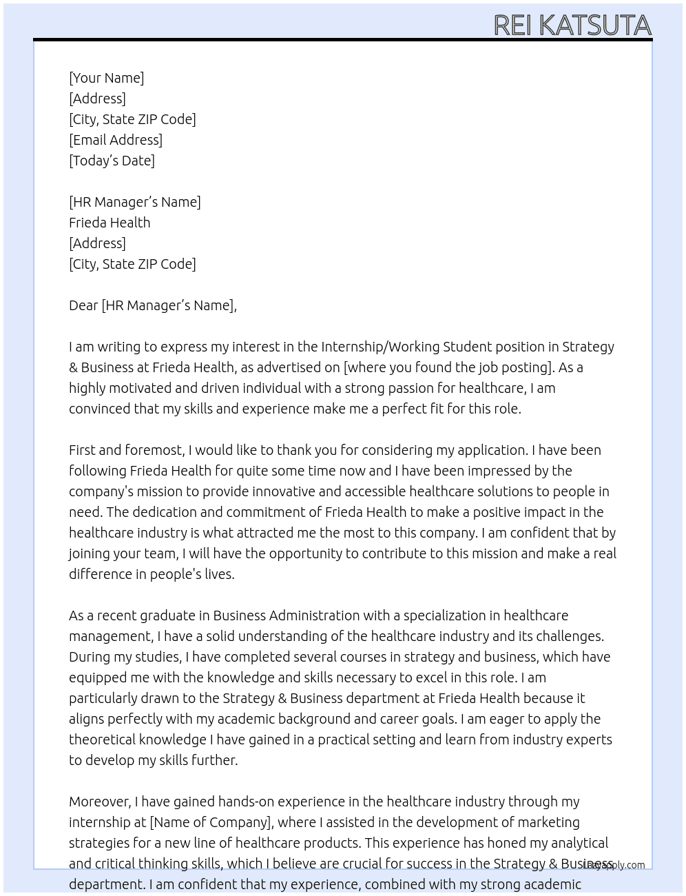 Internship/ Working student, Strategy & Business At Frieda Health Cover Letter