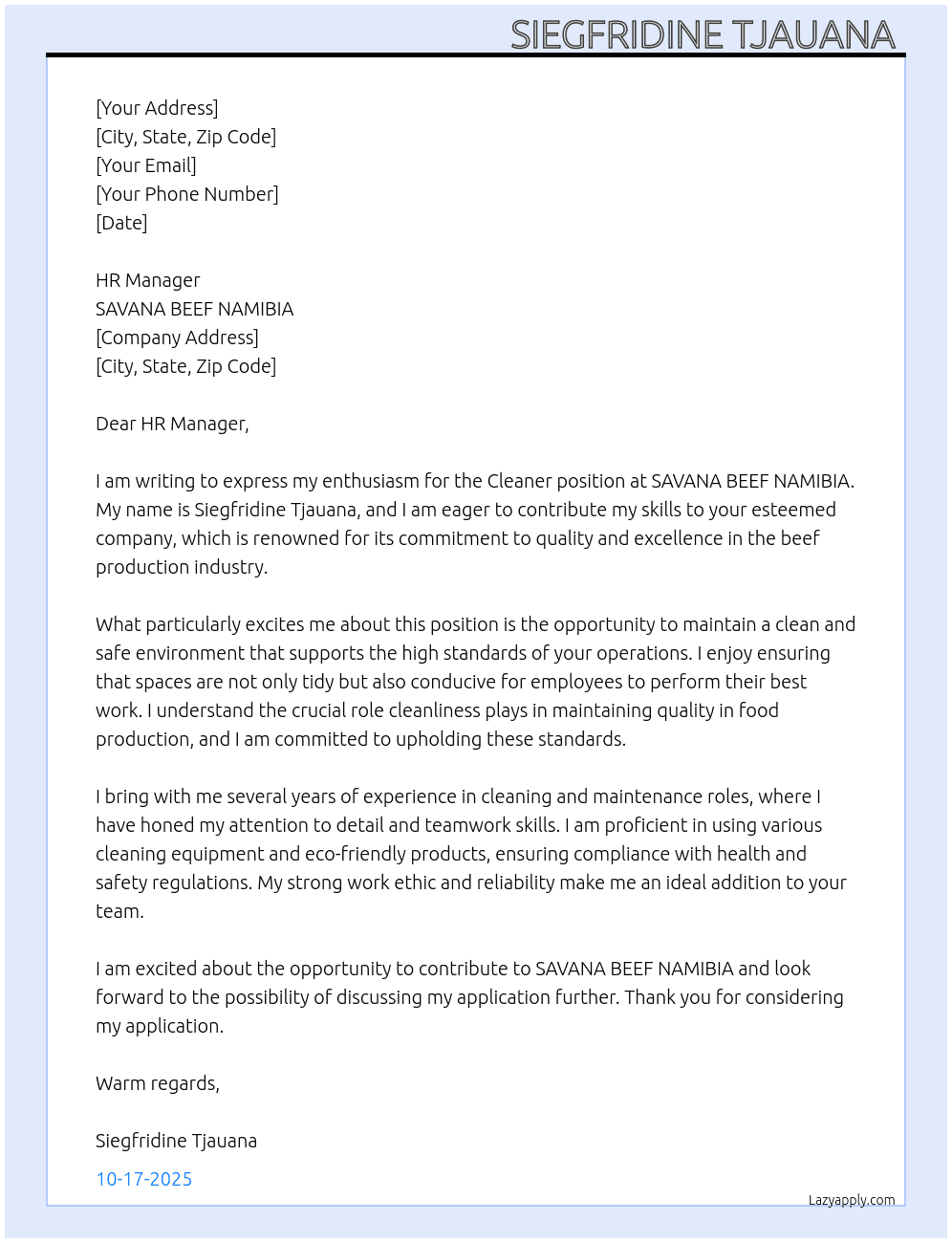 Cleaner At SAVANA BEEF NAMIBIA Cover Letter