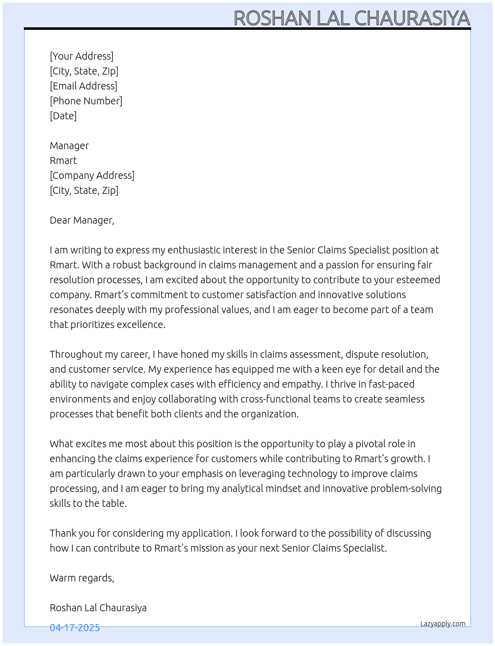 Senior Claims Specialist At Rmart Cover Letter