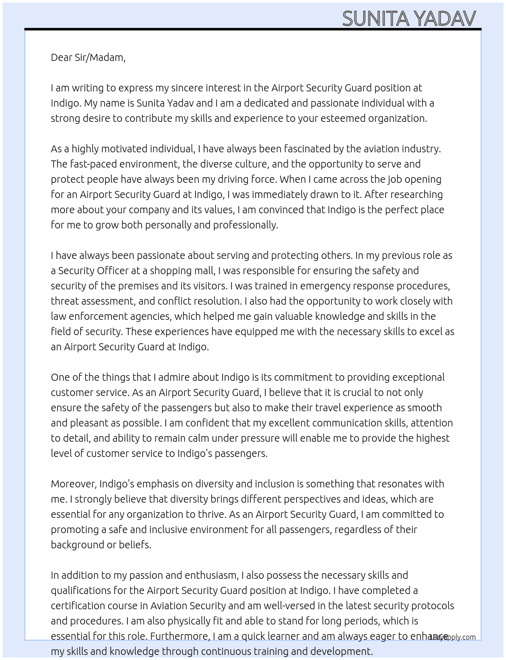 Airport security guard At Indigo Cover Letter
