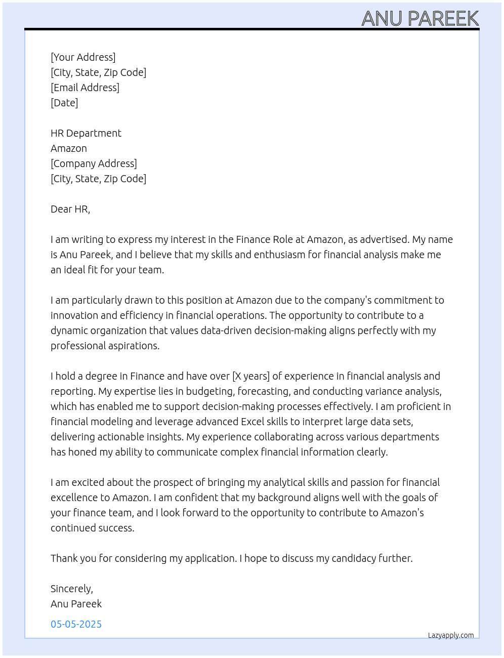 Cover letter for finance role - LazyApply