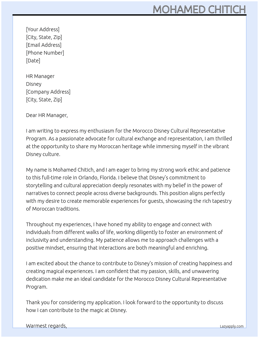 Cover letter for morocco disney cultural representative program - LazyApply