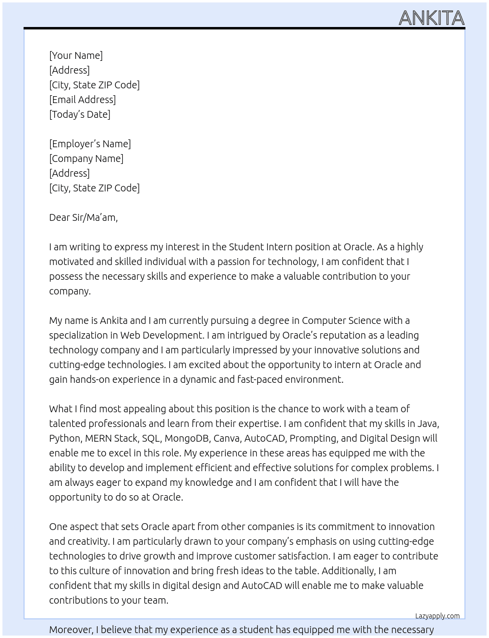 Student intern At oracle Cover Letter