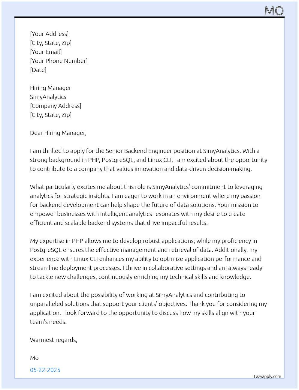 Senior Backend Engineer At SimyAnalytics Cover Letter