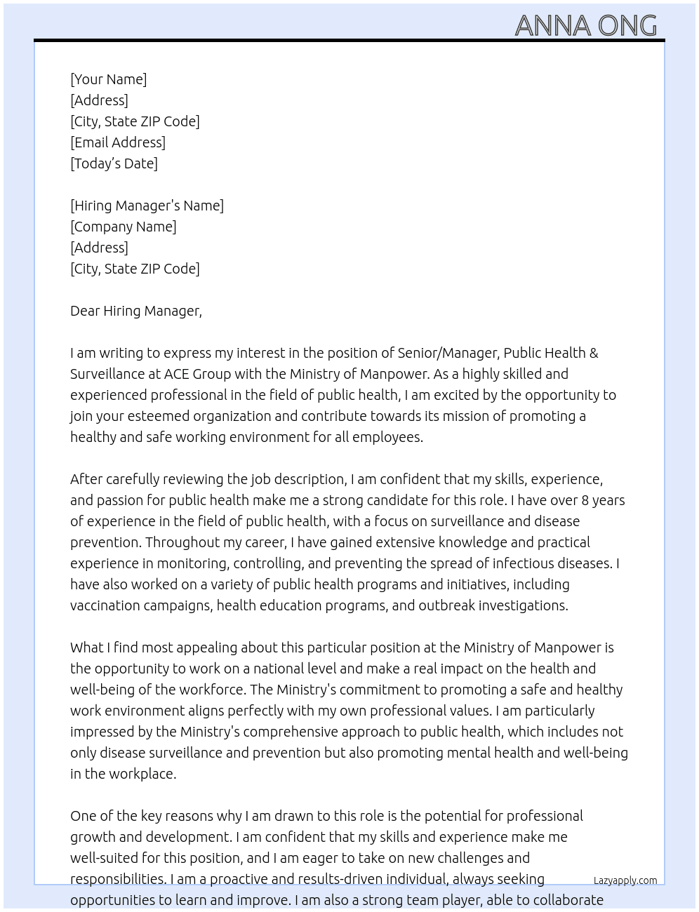 Senior / Manager, Public Health & Surveillance , ACE Group At Ministry of Manpower Cover Letter