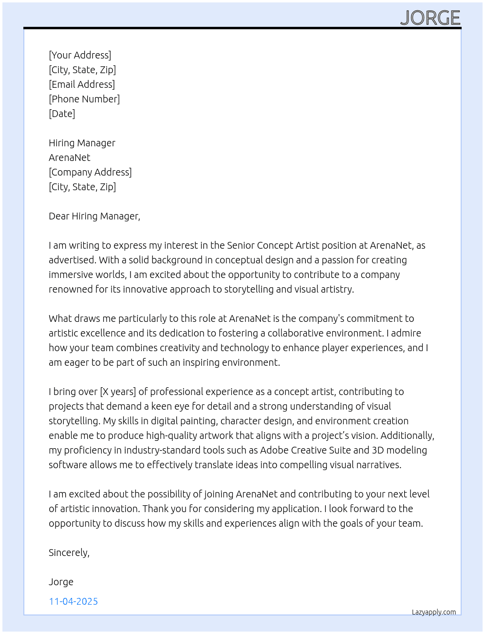 Senior concept artist  At Arena net Cover Letter