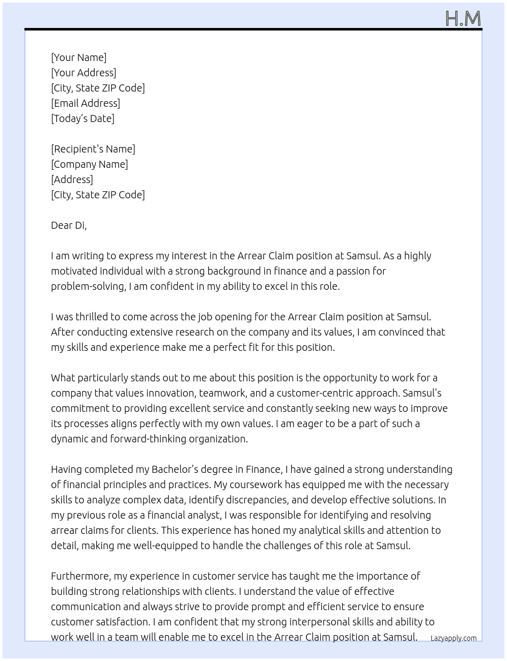 Arrear claim  At Samsul  Cover Letter
