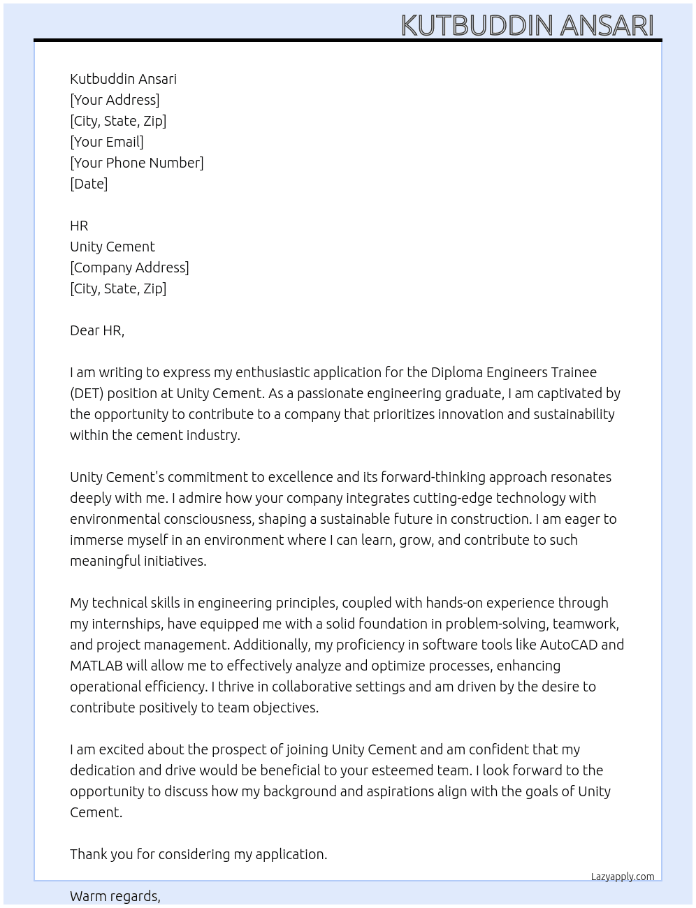 Diploma engineers trainee (DET) At Unity cement  Cover Letter