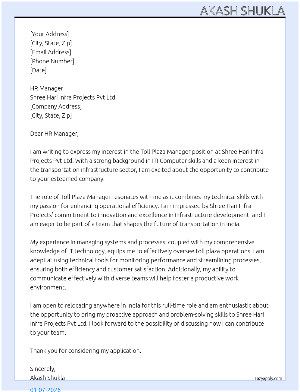 Toll Plaza Manager  At Shree Hari Infra Projects Pvt Ltd  Cover Letter