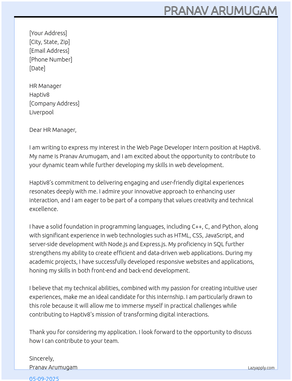 Web Page Developer intern At  Haptiv8  Cover Letter