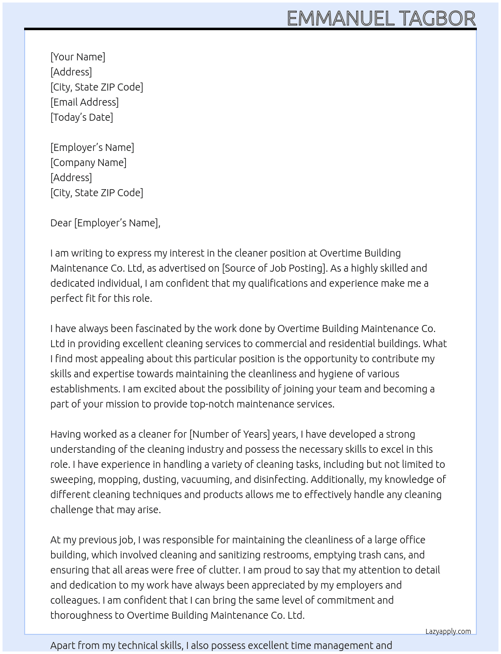 cleaner At Overtime Building Maintenance Co. Ltd Cover Letter