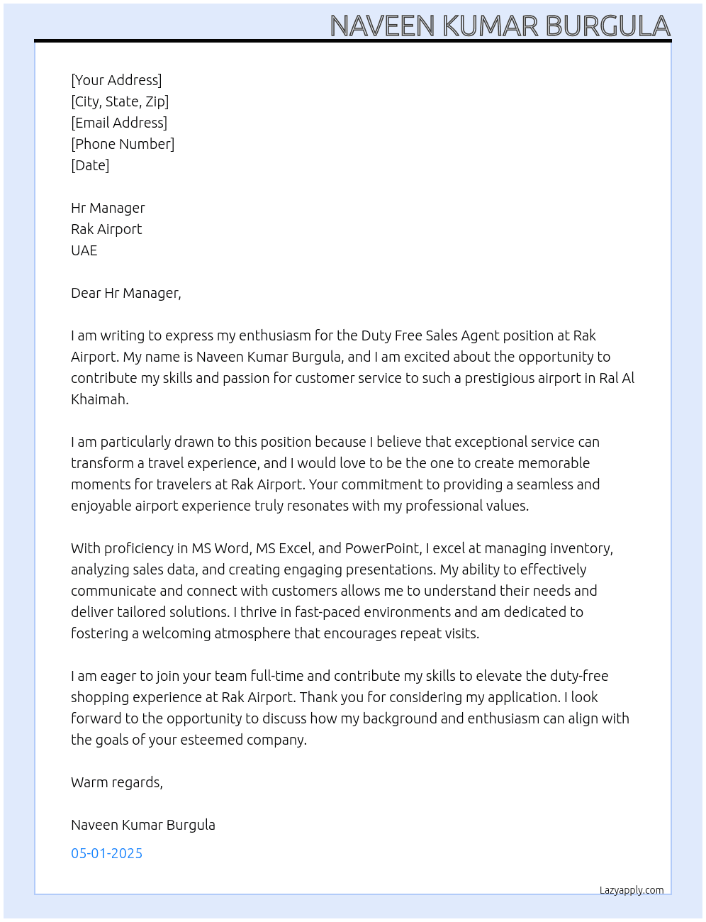 Duty free Sales agent At Rak airport UAE Cover Letter