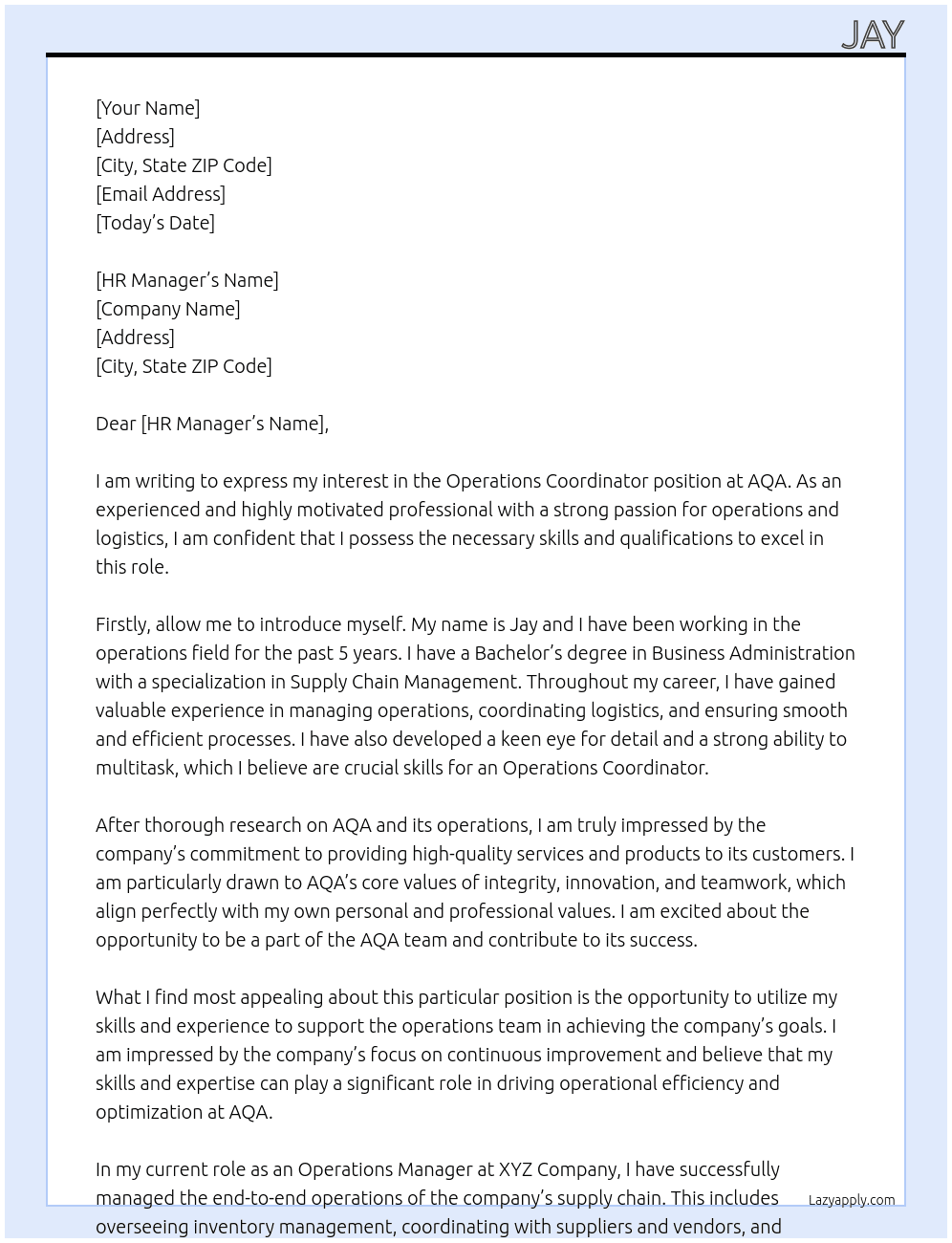 operations coordinator At AQA Cover Letter